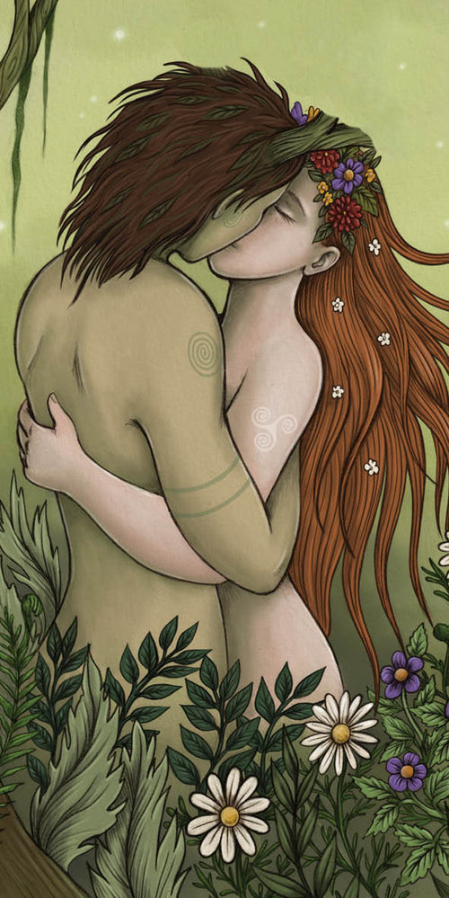 Illustration of two people embracing in a forest setting with flowers and leaves.