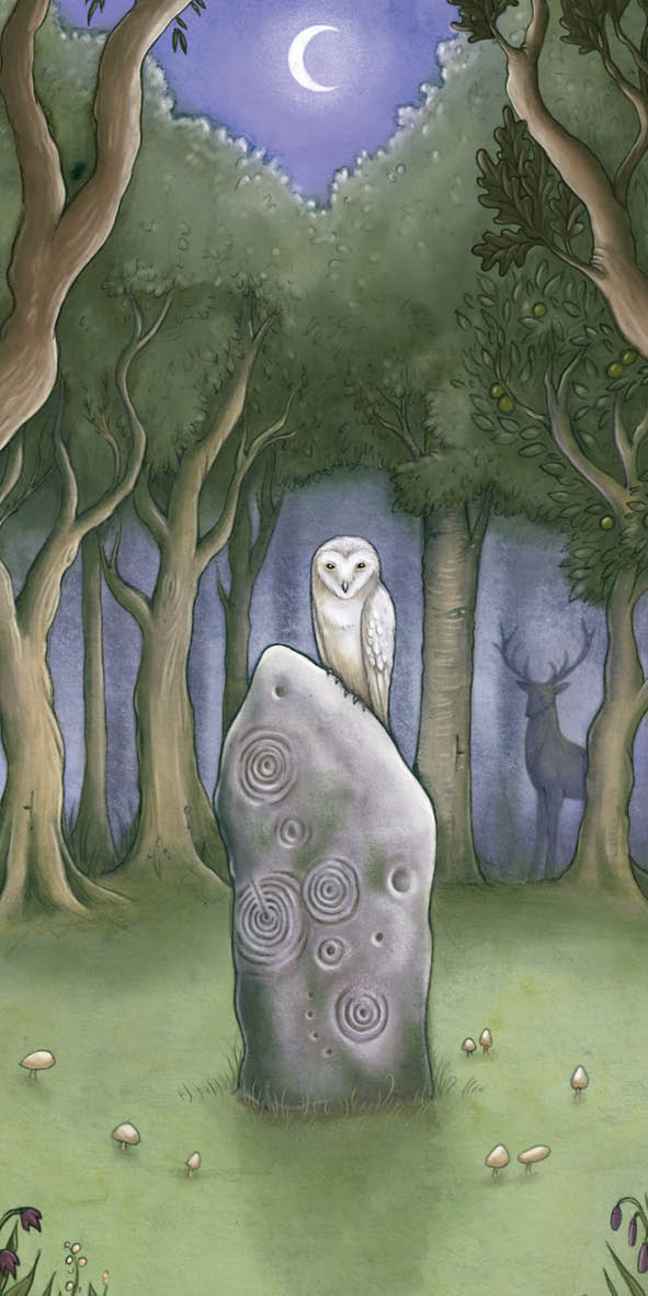 Stone circle with an owl perched on top in a forest setting under a crescent moon.