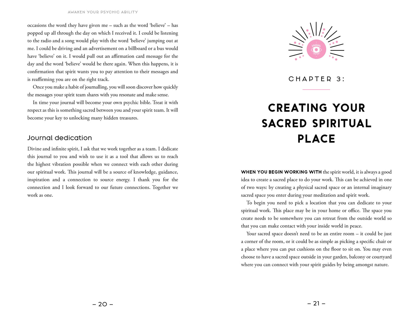 Book page with text on creating a sacred spiritual place, featuring a logo in the corner.