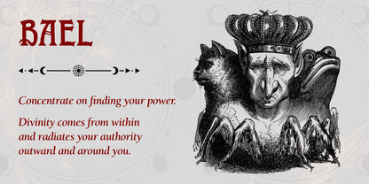 Illustration of a creature with a crown and text about finding power and divinity.