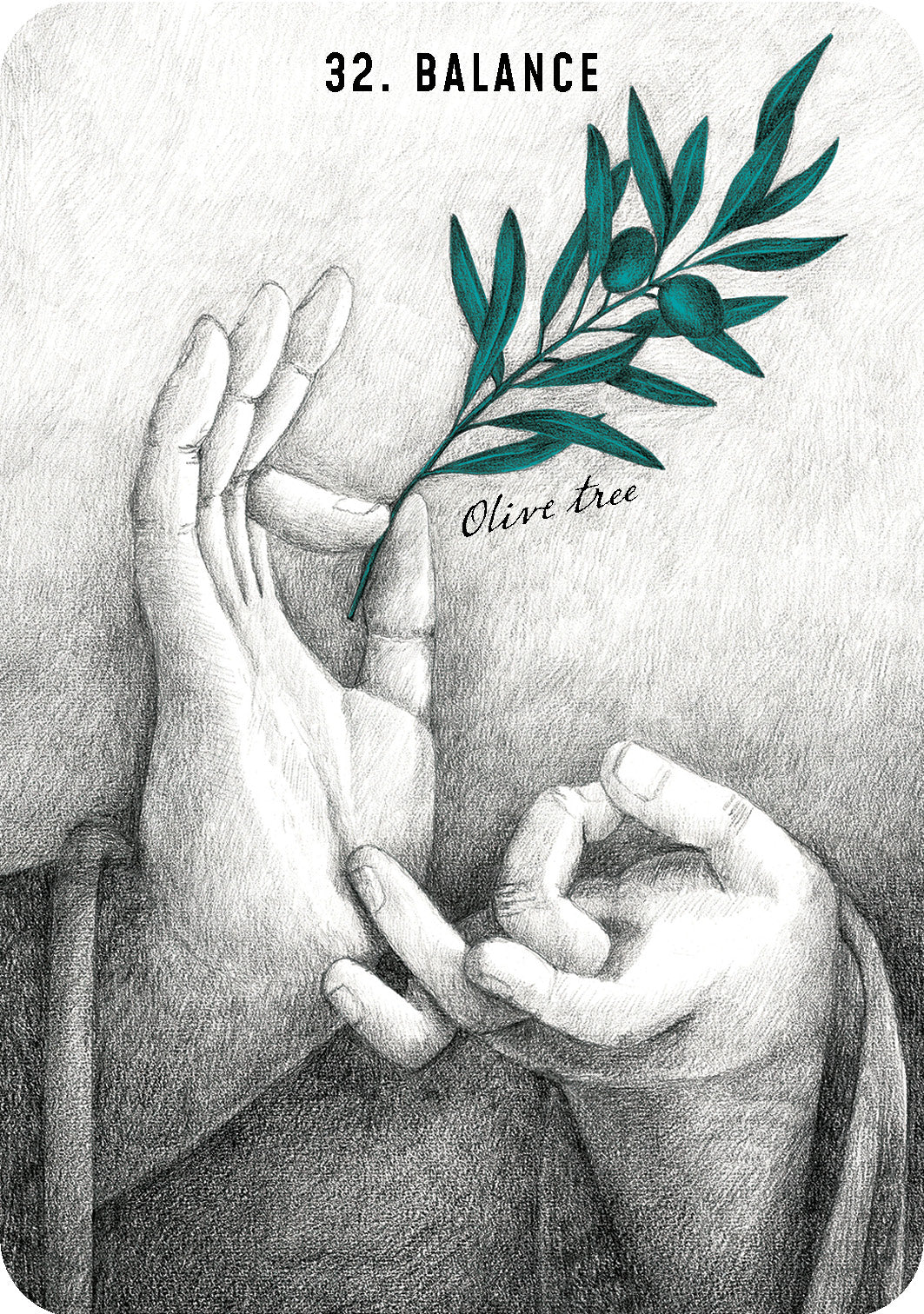 Illustration of two hands holding an olive branch with '32. Balance' text on a white background.