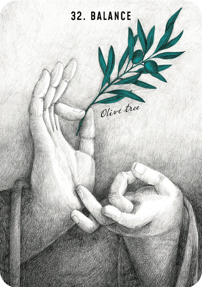Illustration of two hands holding an olive branch with '32. Balance' text on a white background.