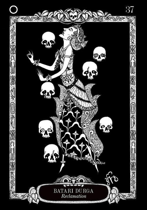 Black and white tarot card featuring a stylized figure with skulls and intricate patterns, labeled 'Batari Durga'.