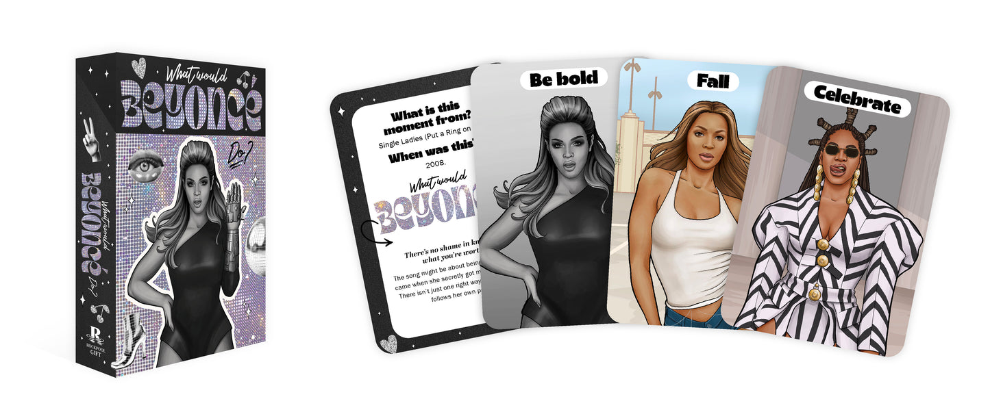 Beyonce-themed cards with packaging on a white background