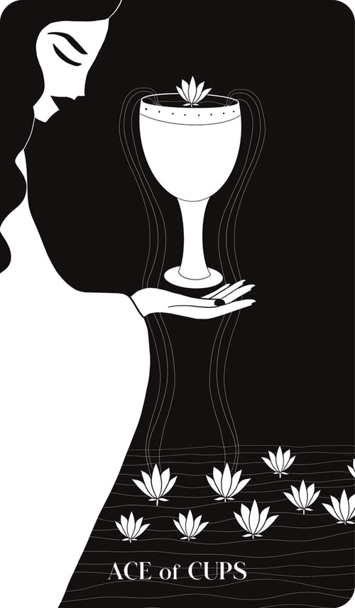 Illustration of a silhouette holding a chalice with lotus flowers, labeled 'Ace of Cups'.