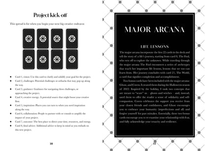 Page from a book or guide with tarot card symbols and text on a decorative background