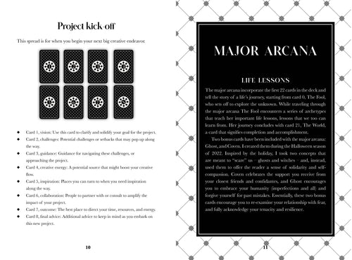 Page from a book or guide with tarot card symbols and text on a decorative background