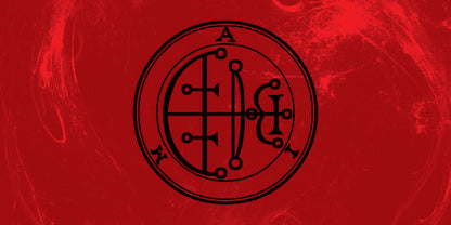 Black circular symbol on a red, abstract background
