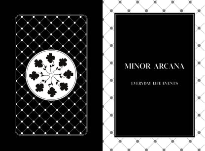 Card from a tarot deck with floral design and text 'Minor Arcana Everyday Life Events' on a checkered background.