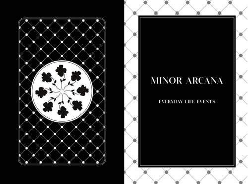 Card from a tarot deck with floral design and text 'Minor Arcana Everyday Life Events' on a checkered background.
