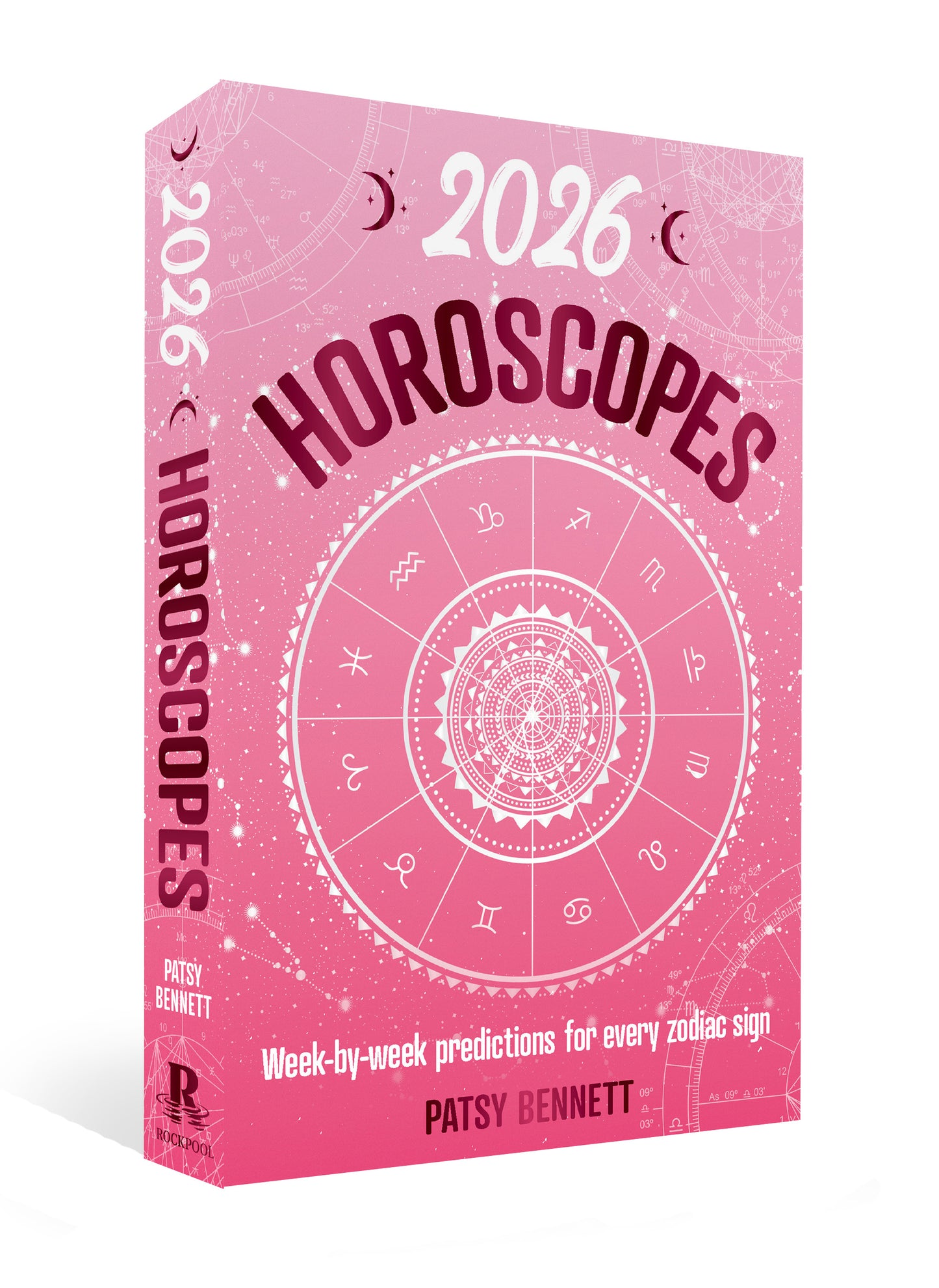 Pink horoscope book for 2026 with zodiac symbols on a white background