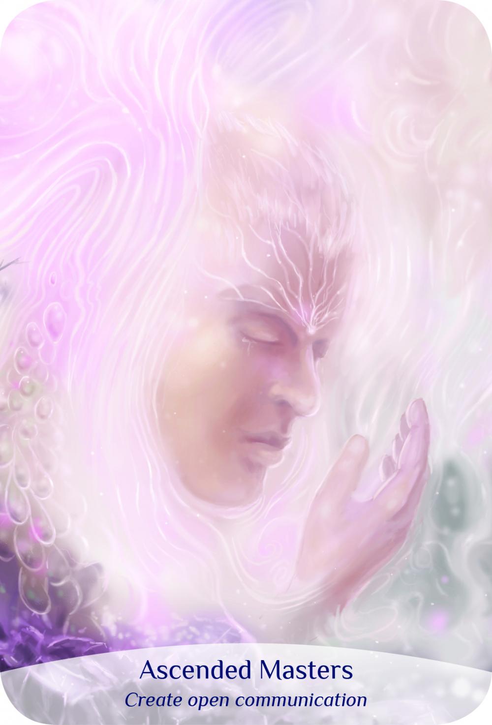Ethereal image of a person with a blurred background and text 'Ascended Masters Create open communication'.