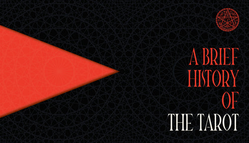 Book cover of 'A Brief History of the Tarot' with a red triangle and geometric pattern on a black background.