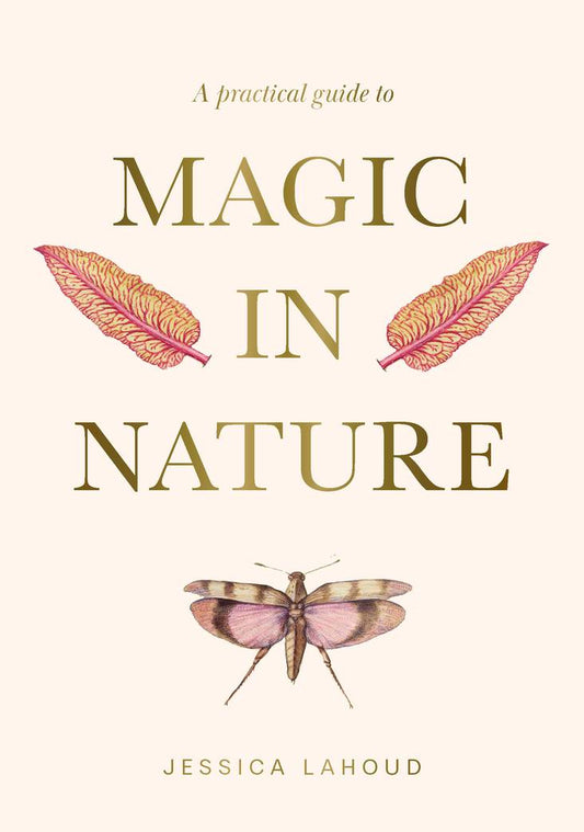 Book cover of 'A Practical Guide to Magic in Nature' by Jessica Lahoud with illustrations of a dragonfly and feathers on a white background.