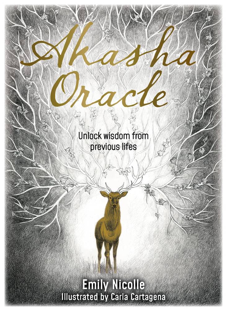 Book cover of 'Akasha Oracle' with a deer illustration and gold text on a gray background
