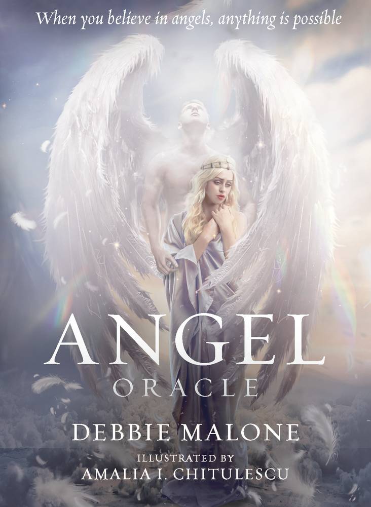 Book cover of 'Angel Oracle' by Debbie Malone with an angel figure and text about belief in angels.