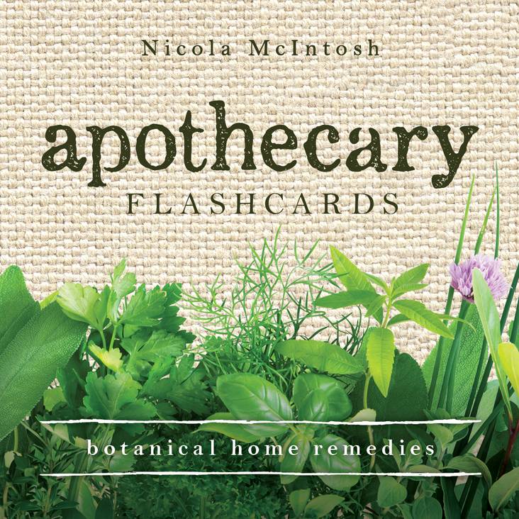 Book cover of 'Apothecary Flashcards' by Nicola McIntosh with herbs and plants on a textured background.