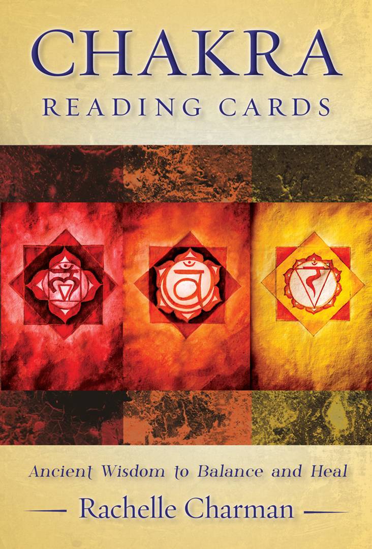 Book cover of 'Chakra Reading Cards' by Rachelle Charman with chakra symbols on a textured background.