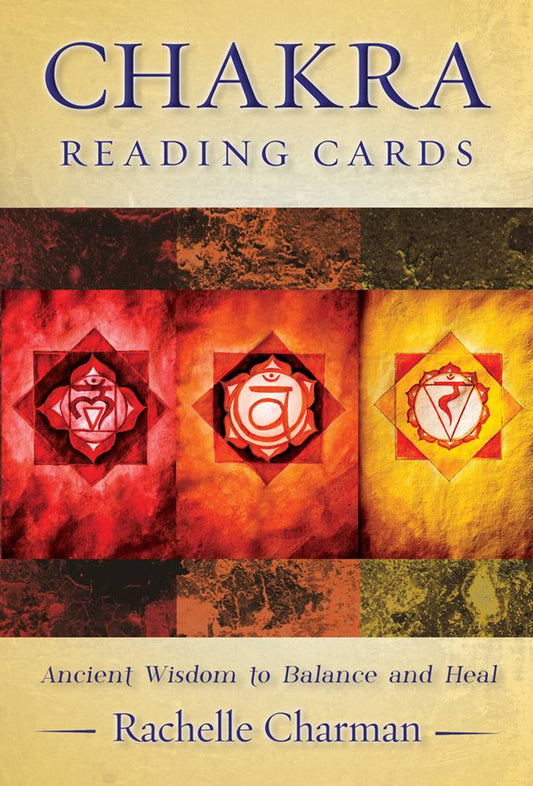Book cover of 'Chakra Reading Cards' by Rachelle Charman with chakra symbols on a textured background.