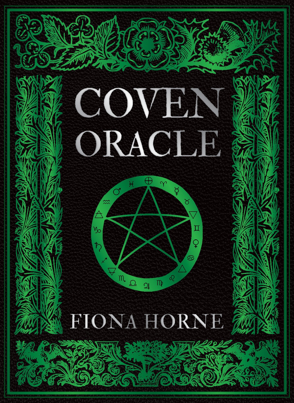Book cover of 'Coven Oracle' by Fiona Horne with green pentacle symbol on a black background
