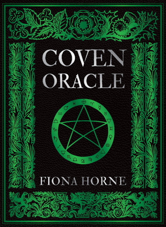 Book cover of 'Coven Oracle' by Fiona Horne with green pentacle symbol on a black background