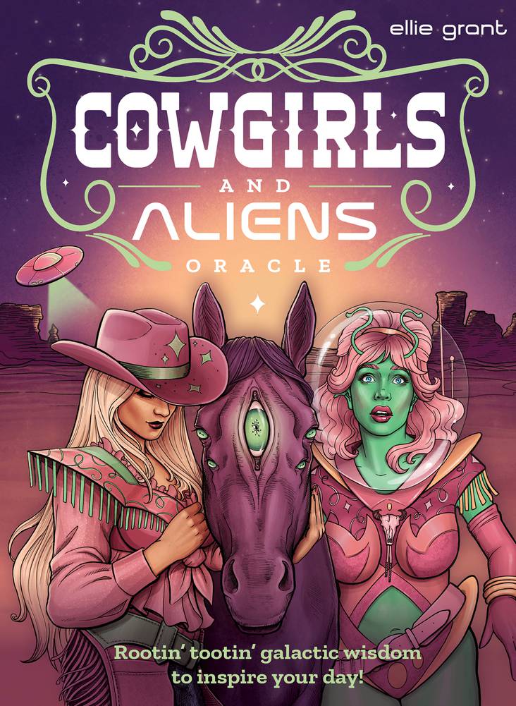 Book cover of 'Cowgirls and Aliens Oracle' by Ellie Grant with two characters and a horse on a purple background.