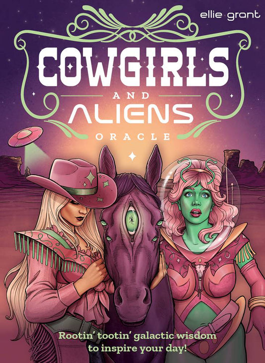 Book cover of 'Cowgirls and Aliens Oracle' by Ellie Grant with two characters and a horse on a purple background.