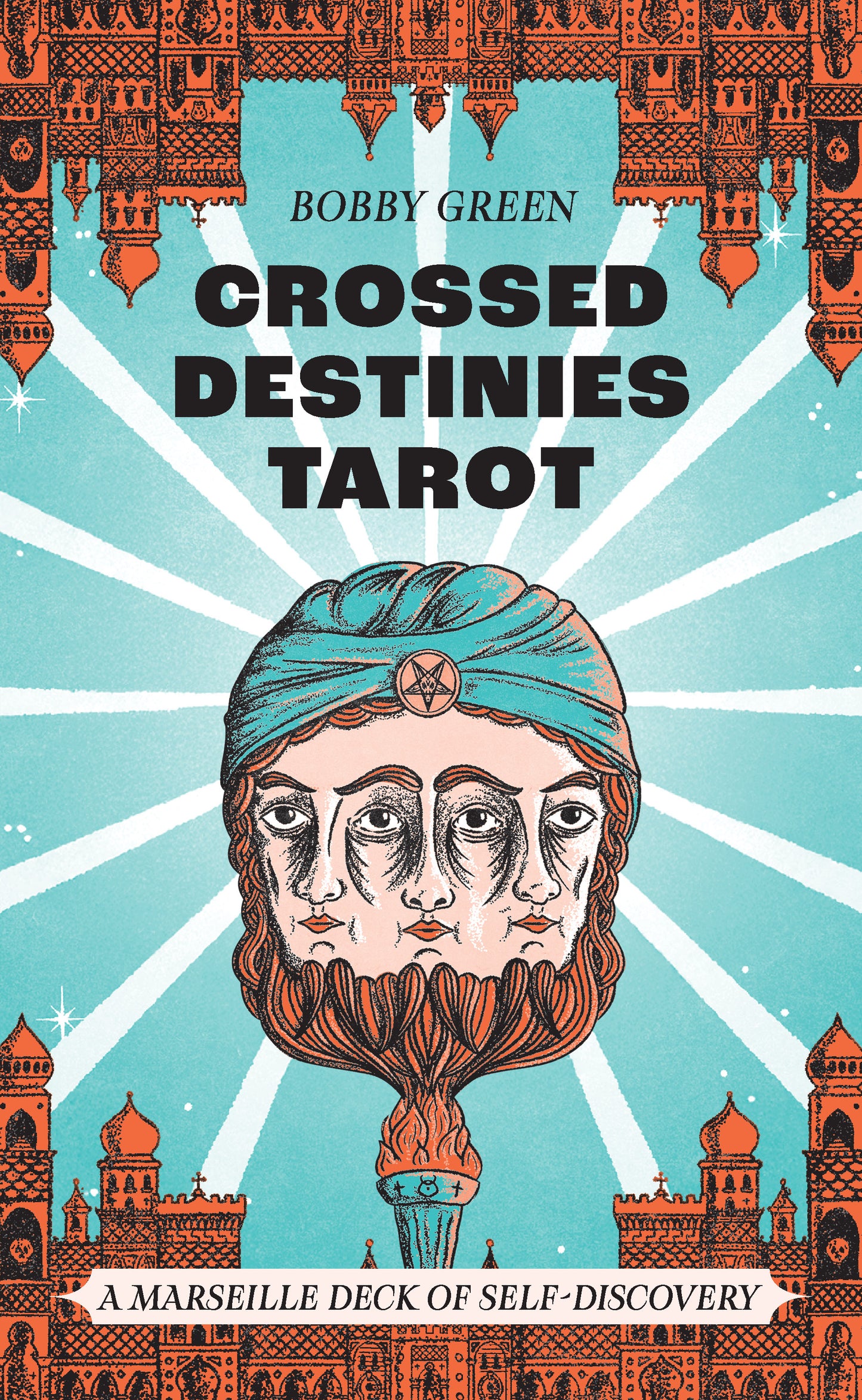 Book cover of 'Crossed Destinies Tarot' by Bobby Green with decorative elements and a face illustration.