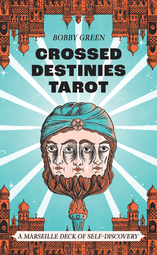 Book cover of 'Crossed Destinies Tarot' by Bobby Green with decorative elements and a face illustration.