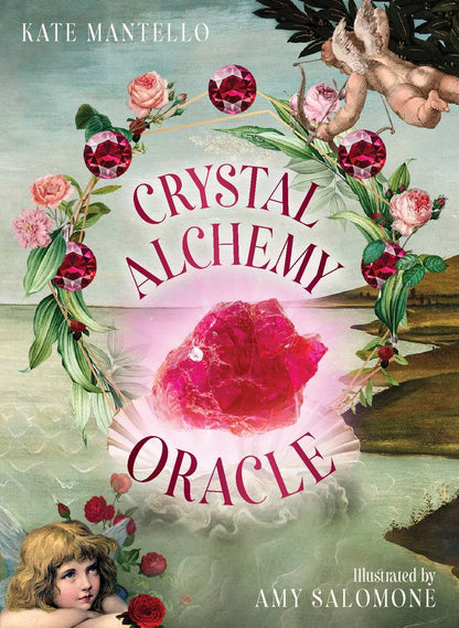 Book cover of 'Crystal Alchemy Oracle' with a crystal, flowers, and cherub illustration.