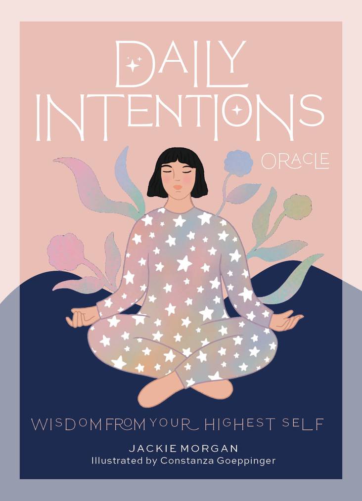 Book cover of 'Daily Intentions Oracle' with a person in meditation pose and floral elements.