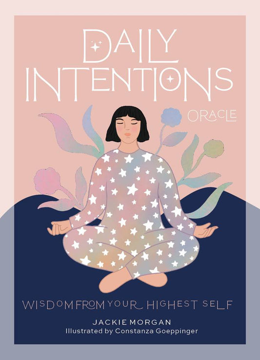 Book cover of 'Daily Intentions Oracle' with a person in meditation pose and floral elements.