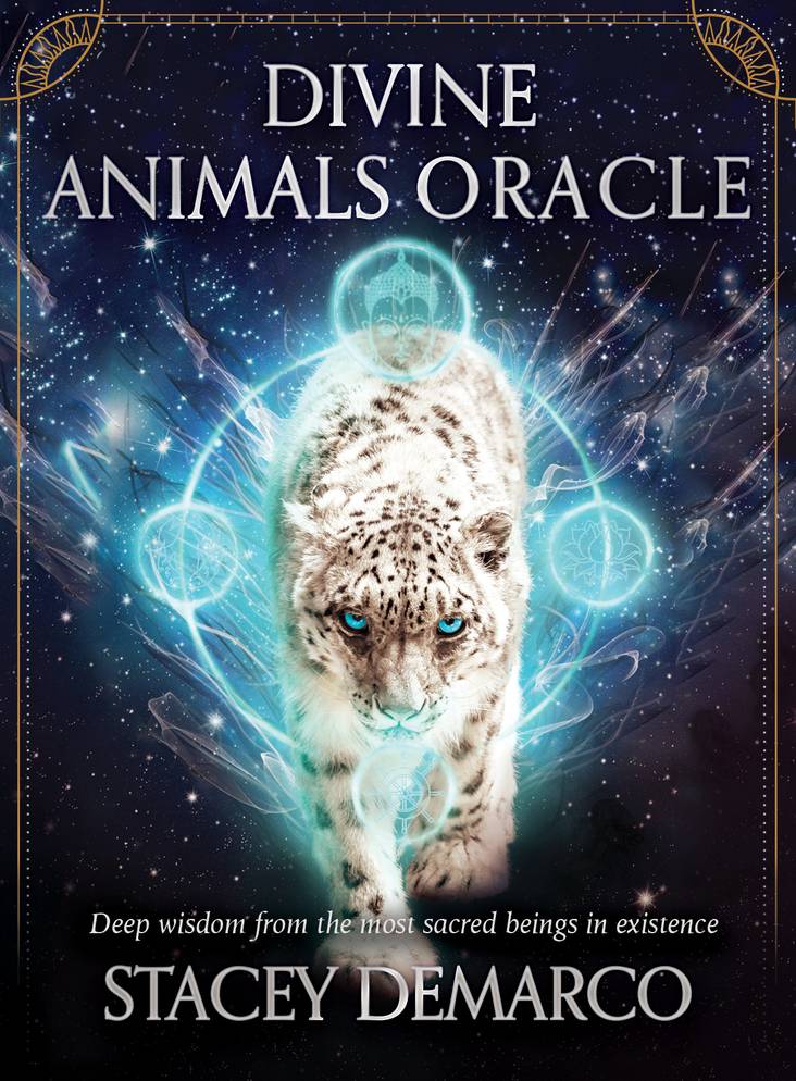 Book cover of 'Divine Animals Oracle' with a white animal figure and mystical design.