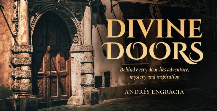 Book cover of 'Divine Doors' by Andres Engracia with a door and text
