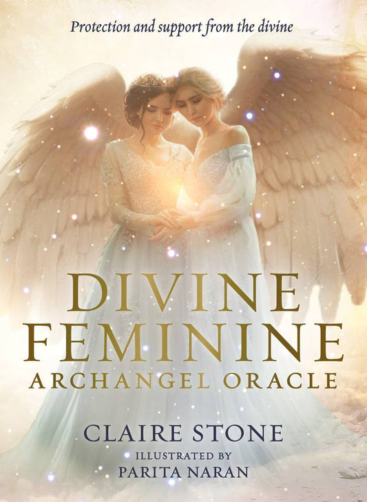 Book cover of 'Divine Feminine Archangel Oracle' featuring two angelic figures holding a candle.