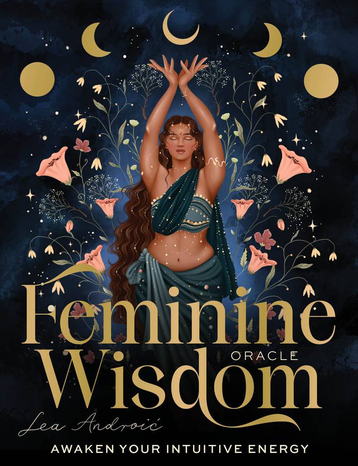 Book cover of 'Feminine Wisdom Oracle' with a woman, flowers, and moon phases on a dark background.