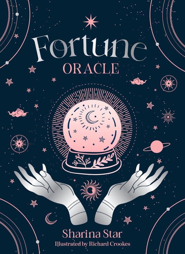 Book cover of 'Fortune Oracle' by Sharina Star with a crystal ball and hands design on a dark blue background.