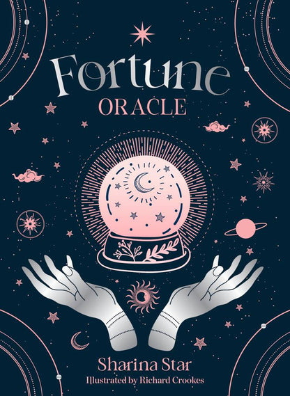 Book cover of 'Fortune Oracle' by Sharina Star with a crystal ball and hands design on a dark blue background.