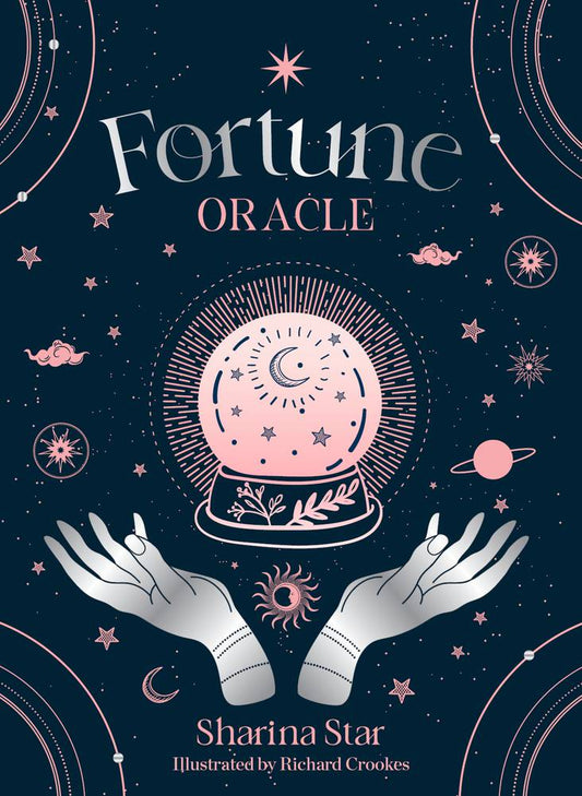 Book cover of 'Fortune Oracle' by Sharina Star with a crystal ball and hands design on a dark blue background.