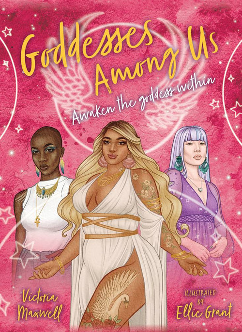 Book cover of 'Goddesses Among Us' with three illustrated women on a pink background