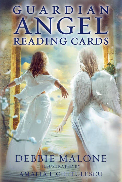 Book cover of 'Guardian Angel Reading Cards' by Debbie Malone with an illustration of a woman and an angel.
