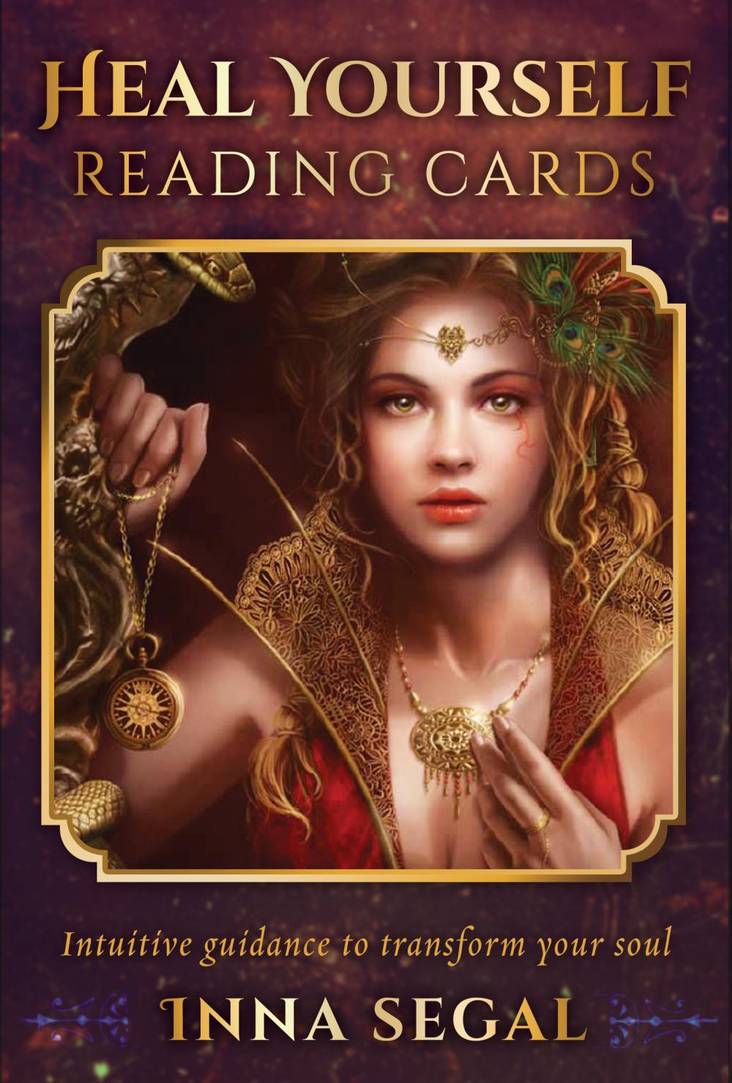 Book cover of 'Heal Yourself Reading Cards' by Inna Segal with a woman's face and ornate design.