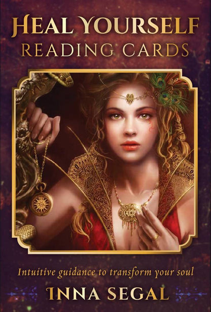 Book cover of 'Heal Yourself Reading Cards' by Inna Segal with a woman's face and ornate design.