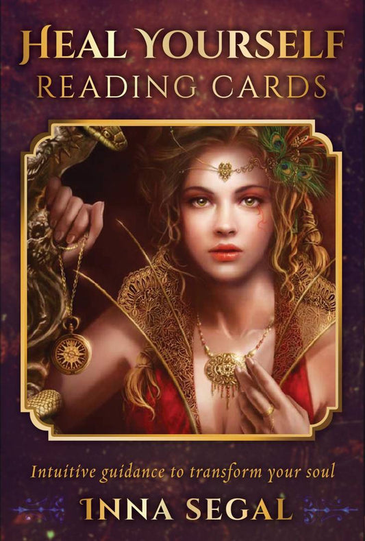 Book cover of 'Heal Yourself Reading Cards' by Inna Segal with a woman's face and ornate design.
