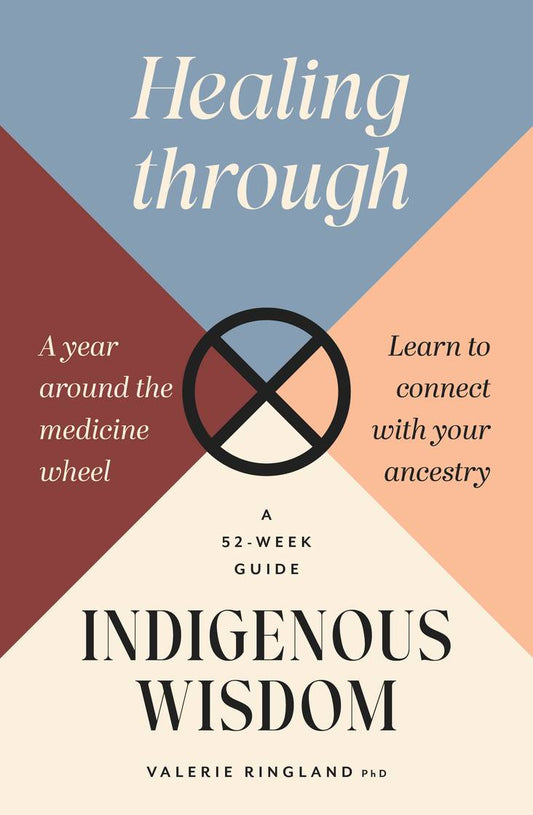 Book cover of 'Healing through Indigenous Wisdom' by Valerie Ringland with geometric design and text about connecting with ancestry.