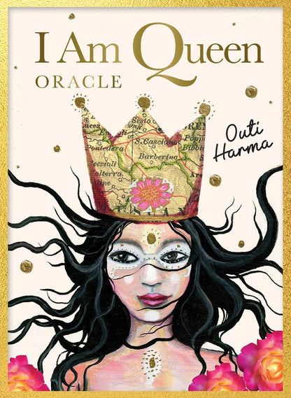 Book cover of 'I Am Queen Oracle' with a woman wearing a crown and floral elements.