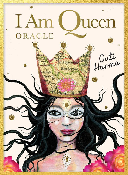 Book cover of 'I Am Queen Oracle' with a woman wearing a crown and floral elements.
