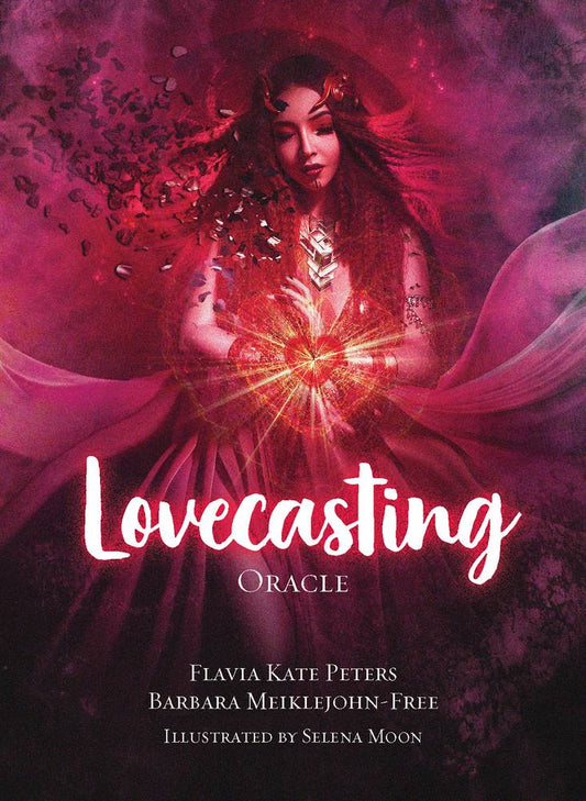 Book cover of 'Lovecasting Oracle' with a woman holding a glowing orb against a pink and purple background.