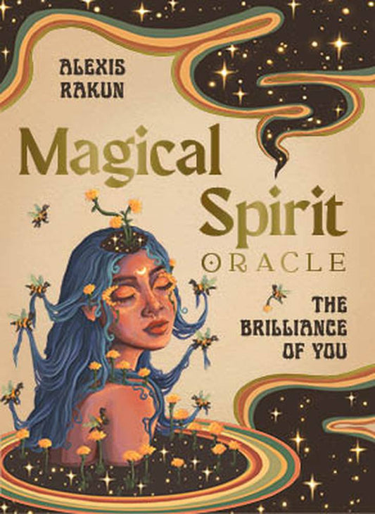 Book cover of 'Magical Spirit Oracle' by Alexis Rakun with a stylized illustration of a woman with blue hair and flowers.