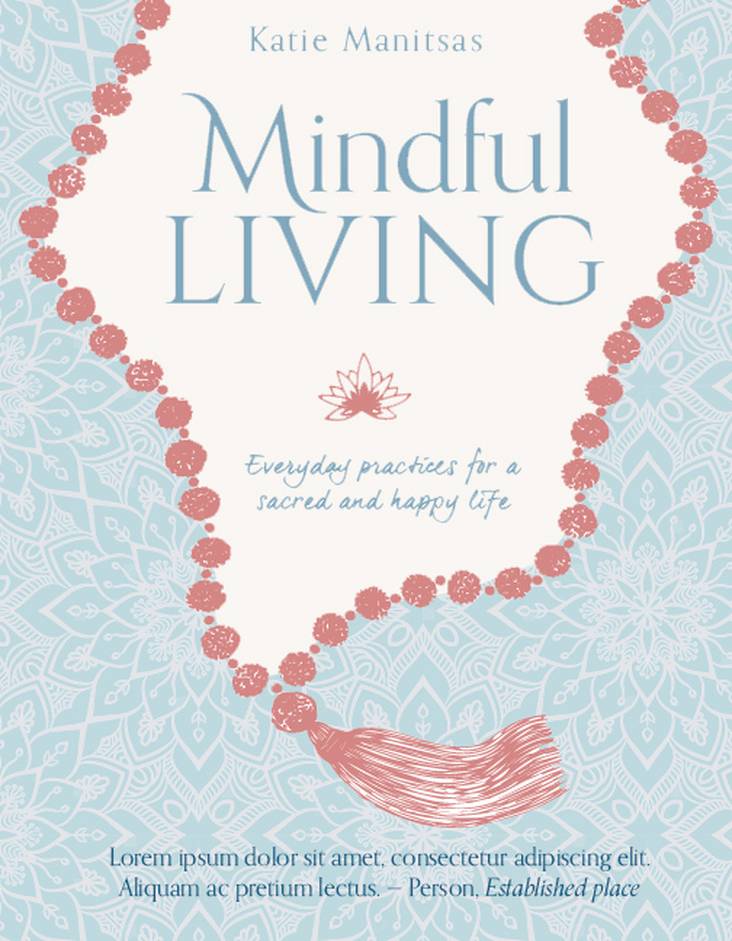 Book cover of 'Mindful Living' by Kate Manitsas with a decorative design on a light blue background